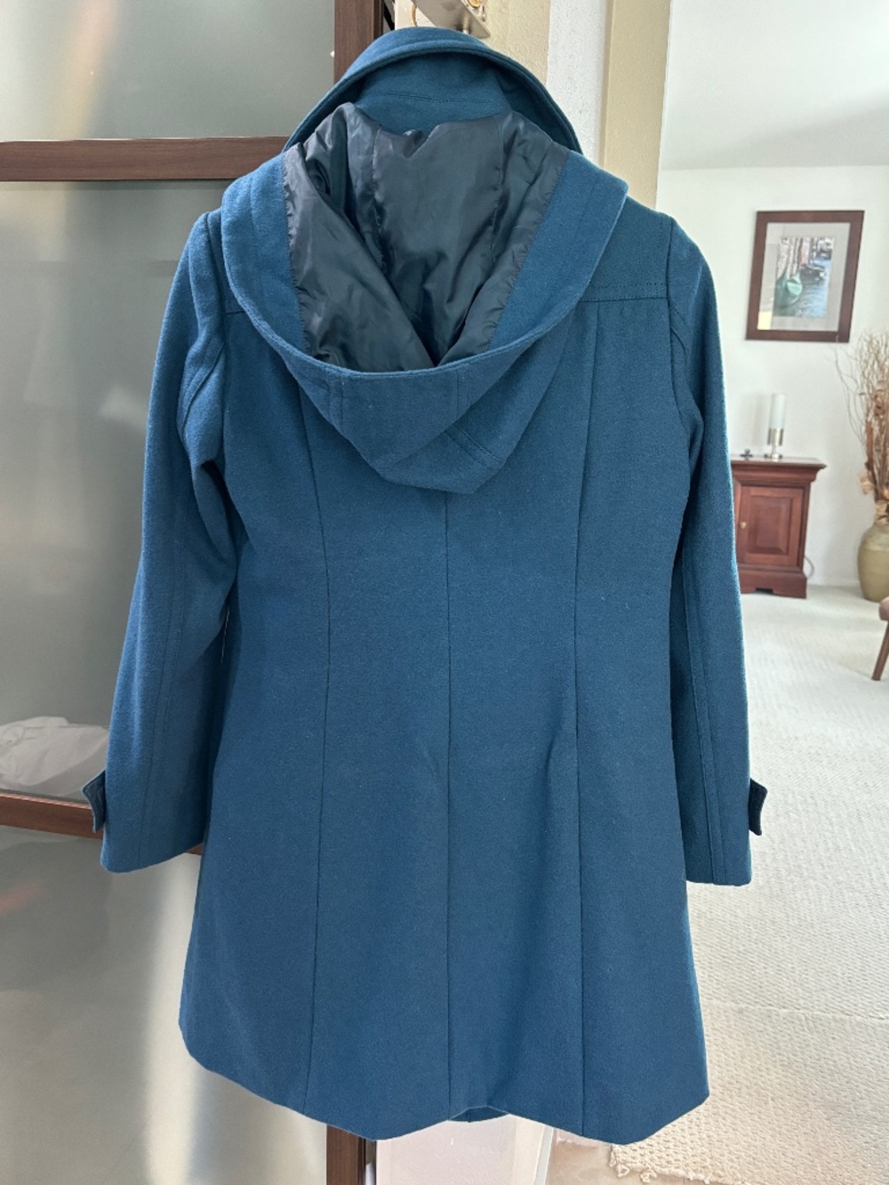 Forever 21 Wool Blend Hooded Pea Coat - Teal Blue Size M - Picture 4 of 11